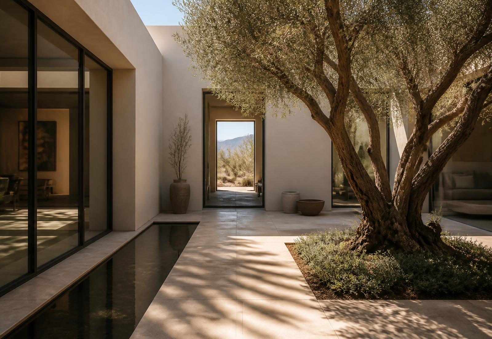 Shaded interior courtyard with a sculptural olive tree, linear water feature and plaster walls in an Arizona desert home
