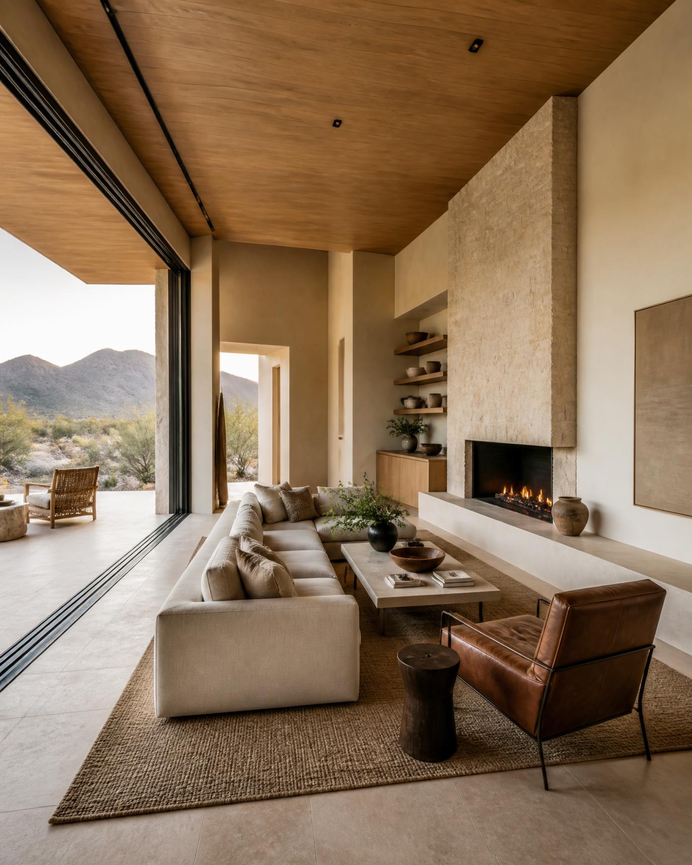 Luxury desert-modern great room with white oak ceiling, limestone floors and pocketing glass doors open to a shaded Arizona patio