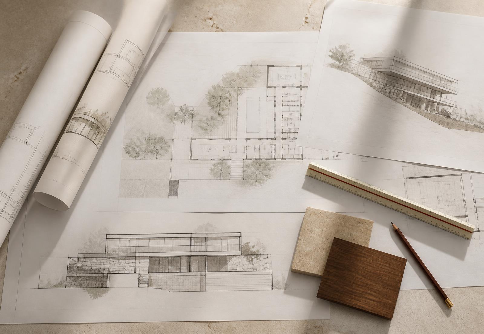 Architectural drawings, scale, pencil and stone and walnut material samples laid out during pre-construction planning
