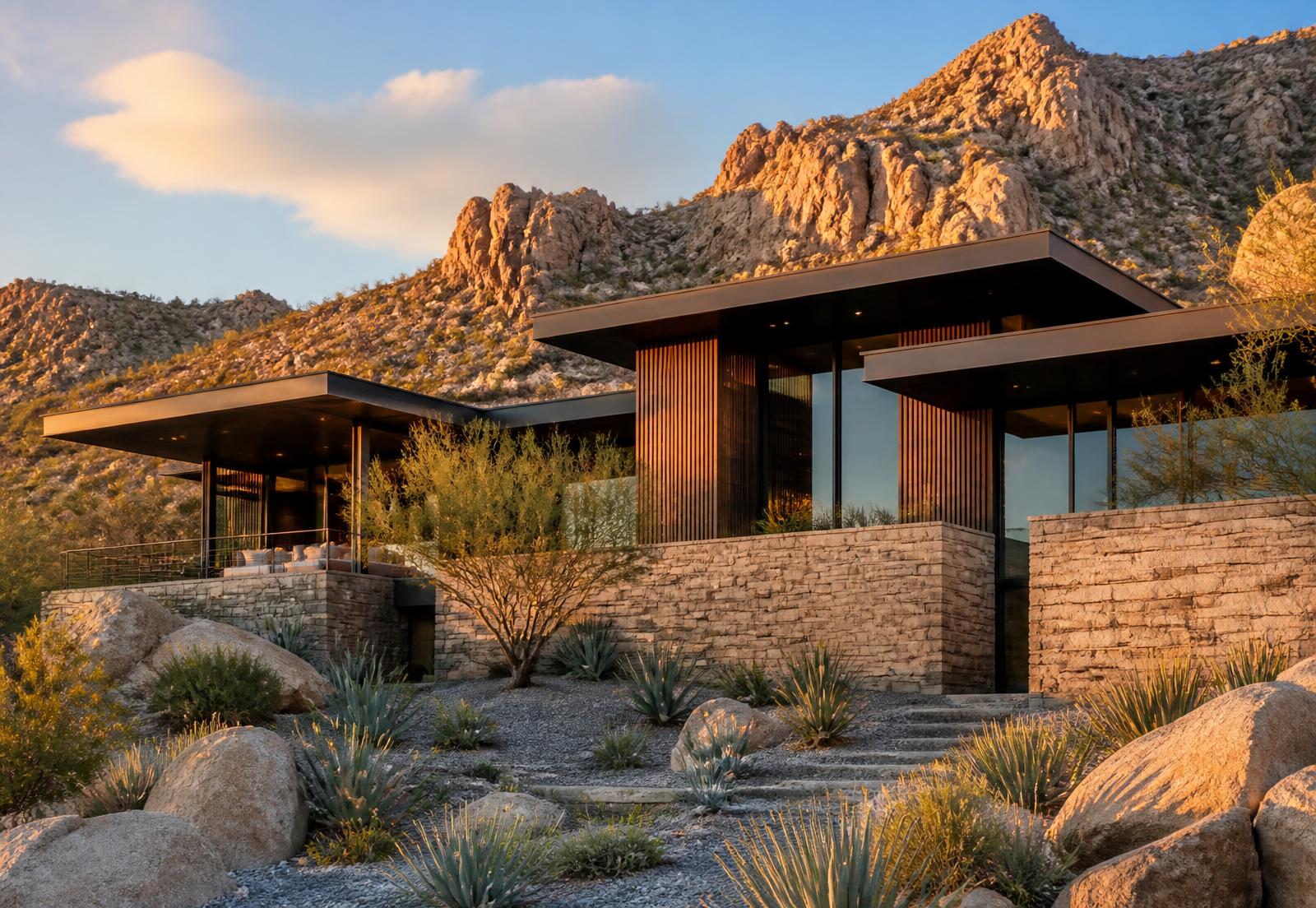 Mountain-modern custom home with stacked stone walls and deep roof overhangs set among granite boulders in Scottsdale, Arizona