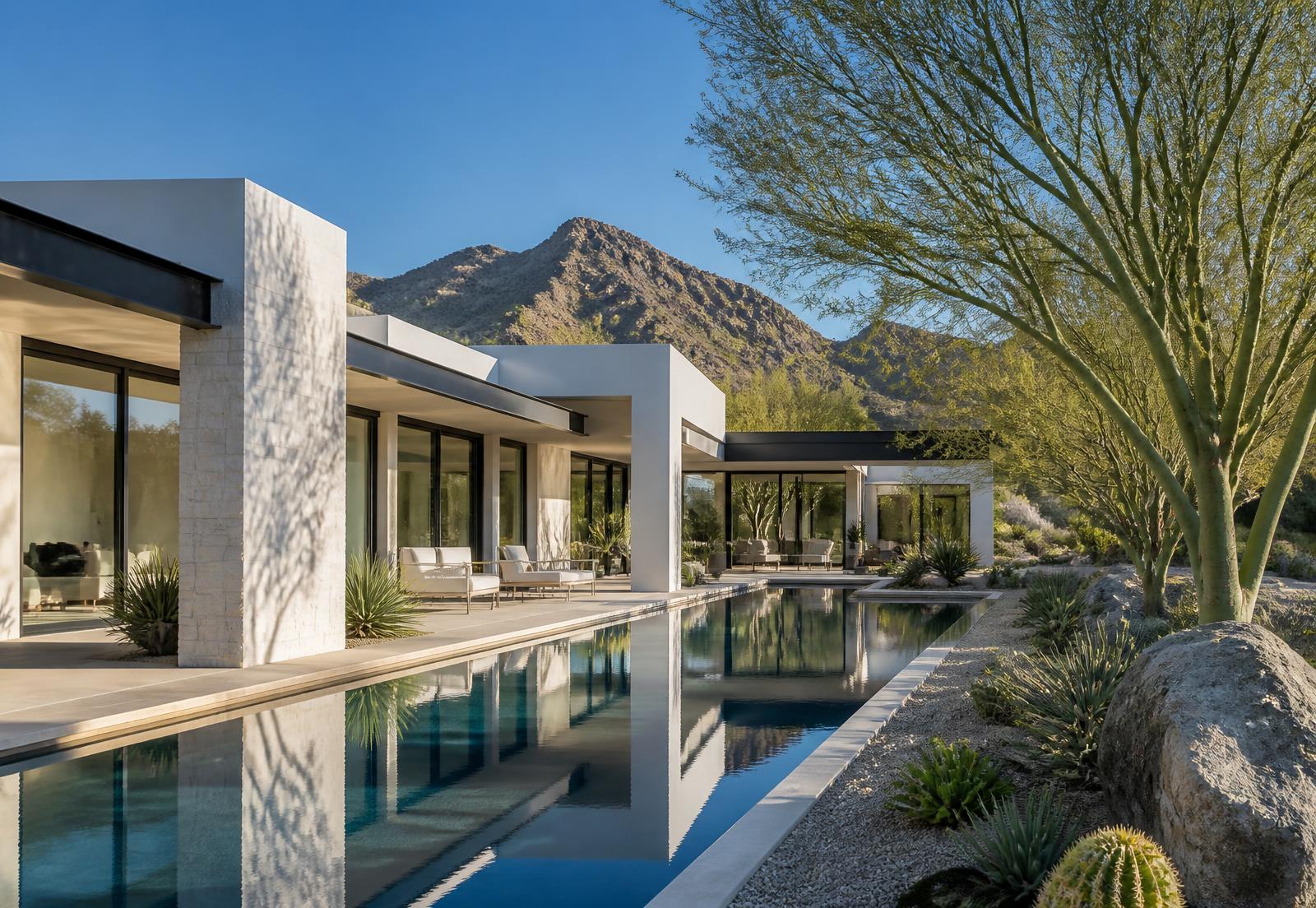Contemporary desert residence in Paradise Valley, Arizona with travertine planes, black steel windows and a long reflecting pool